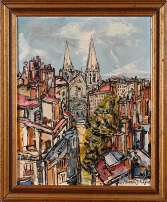 un tableau représentant une vue de ville avec une église en arrière-plan