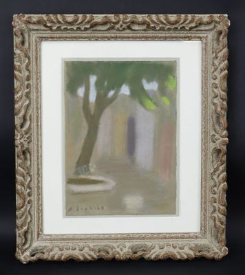 une peinture à l'huile représentant un arbre en pot posé sur une table