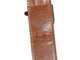 brown leather watch strap with white stitching on a white background