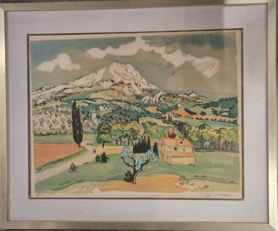 aquarelle encadrée représentant un paysage avec une montagne en arrière-plan