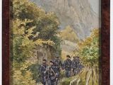 painting of a group of men riding horses down a dirt road