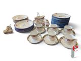 a lot of plates and cups and saucers on the table