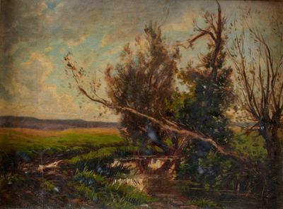 peinture représentant un paysage avec un ruisseau et des arbres au premier plan