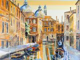 a painting of a canal with boats on it