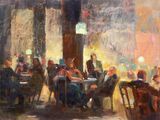 tableau représentant un groupe de personnes assises à une table dans un restaurant