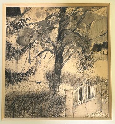 dessin représentant un arbre et une clôture devant une maison