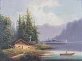 a painting of a man in a boat on a lake