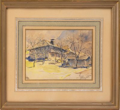 une aquarelle représentant une maison dans un cadre champêtre
