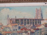 a painting of a view of a city with a clock tower in the background