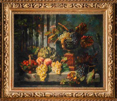 une peinture à l'huile représentant une nature morte avec des fruits sur une table