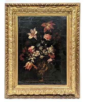an oil painting of flowers in a vase on a table