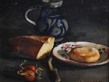 une peinture représentant une miche de pain posée sur une assiette, à côté d'une autre assiette sur laquelle se trouve une tranche de pain
