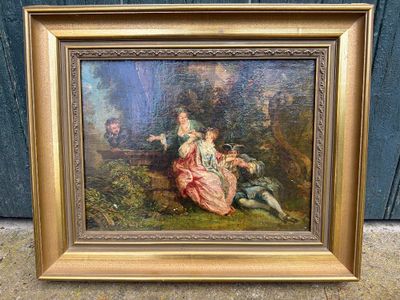 une image représentant un tableau où l'on voit une femme et deux enfants dans un décor boisé