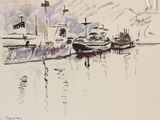 un dessin représentant des bateaux sur l'eau, avec le ciel en arrière-plan