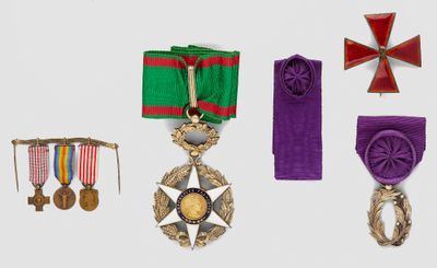 several medals and ribbons are displayed on a white surface