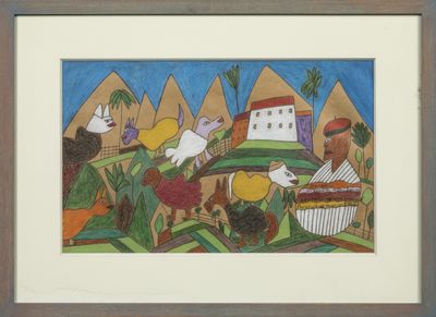 painting of a group of people in a village with a dog and a cat