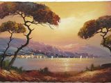 painting of a sunset over a lake with trees in the foreground
