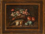 painting of still life with fish, flowers, and fruit on a table