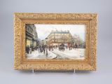 une image d'une peinture représentant une scène de rue dans un cadre doré