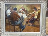 painting of a group of people playing music in a room