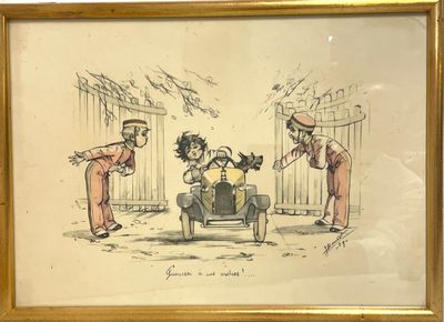dessin représentant trois enfants jouant avec une petite voiture devant une clôture