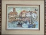 a picture of a painting of boats in a harbor