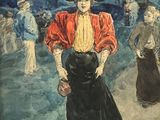 une image d'un tableau représentant une femme avec une veste et un chapeau rouges