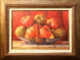 a painting of apples in a bowl on a table