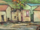 a painting of a horse drawn carriage in front of a row of houses