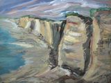 une peinture à l'huile représentant une falaise surplombant un plan d'eau