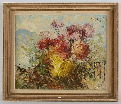 une peinture à l'huile représentant des fleurs dans un vase sur une table