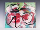 peinture abstraite représentant un vélo avec une fleur à l'arrière
