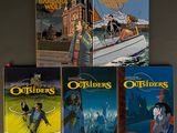 four books of the adventures of the outlanders are on a shelf
