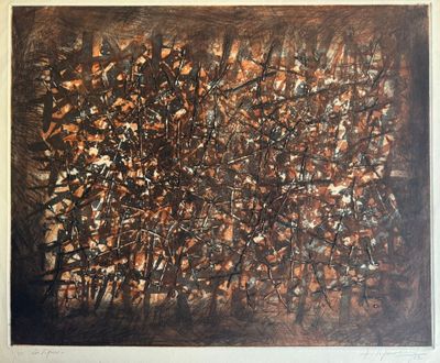 une peinture abstraite réalisée à la peinture marron et noire sur fond blanc
