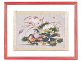 painting of birds and flowers in a red frame on a white background