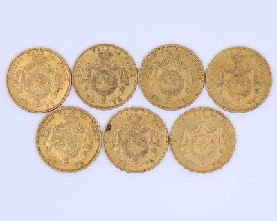 six gold sovereigns of different sizes and shapes on a white surface