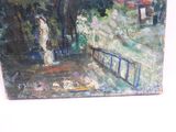 a painting of a woman standing on a bridge
