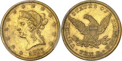 a gold coin with an eagle on the front and a woman on the back