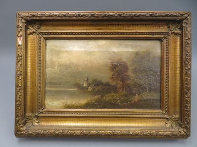 un tableau représentant un paysage avec une église au loin