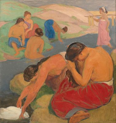 une image représentant un tableau où l'on voit un groupe de personnes se baignant dans l'eau
