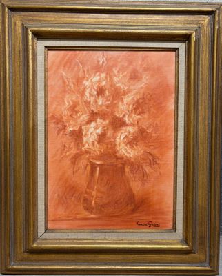 une peinture à l'huile représentant un vase avec des fleurs sur une table