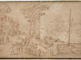 une image représentant un dessin d'un village avec des bateaux et des personnages