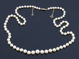 a white pearl necklace with a gold clasp on a black surface
