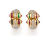 a pair of diamond, ruby, emerald and yellow gold earrings