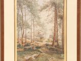 un tableau représentant un paysage boisé avec des rochers et des arbres