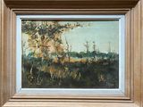 une peinture à l'huile d'un champ avec des arbres au loin