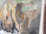a picture of a painting of a cliff by the ocean