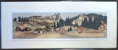 tableau représentant un paysage de montagne, dans un cadre