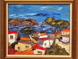 an oil painting of a view of a town by the ocean