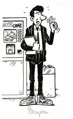 dessin représentant un homme debout devant un distributeur automatique, la main levée